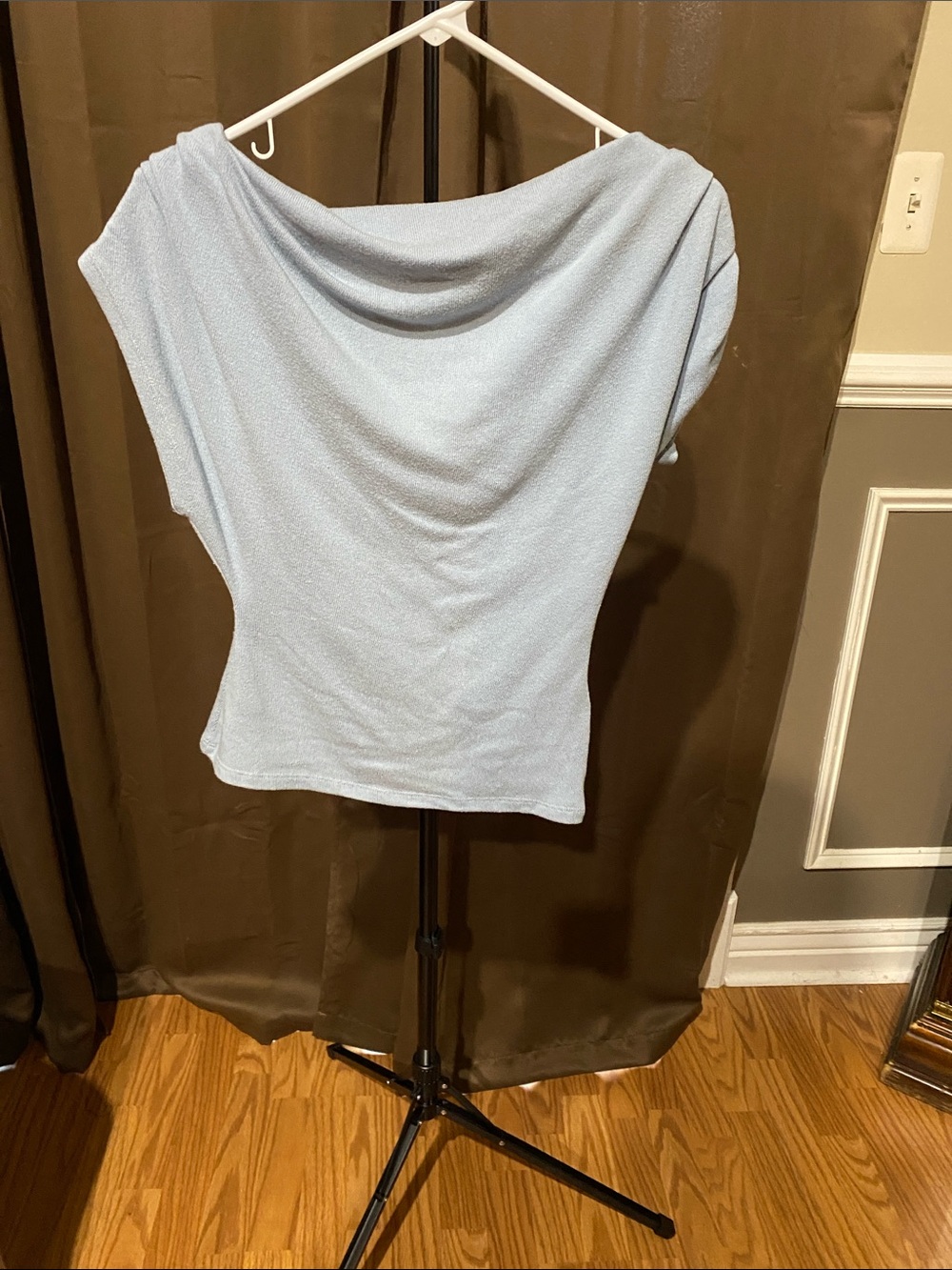 Reformation Light Blue Draped-Cowl Tunic Top